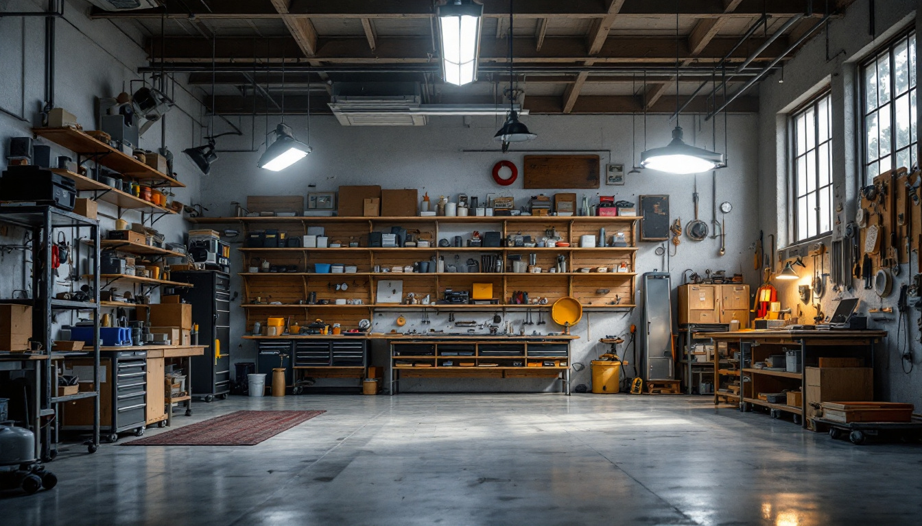 A photograph of a well-lit workshop or garage showcasing both 4ft and 8ft shop lights installed in various configurations
