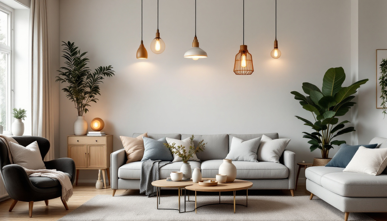 A photograph of a beautifully styled living space featuring a variety of pendant lights in different designs and settings