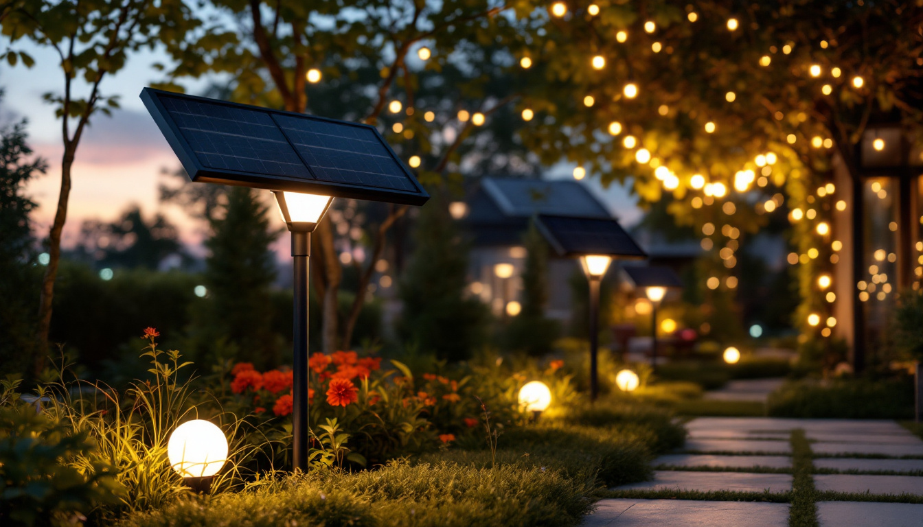 A photograph of a beautifully lit outdoor space showcasing various modern solar lights in use during twilight