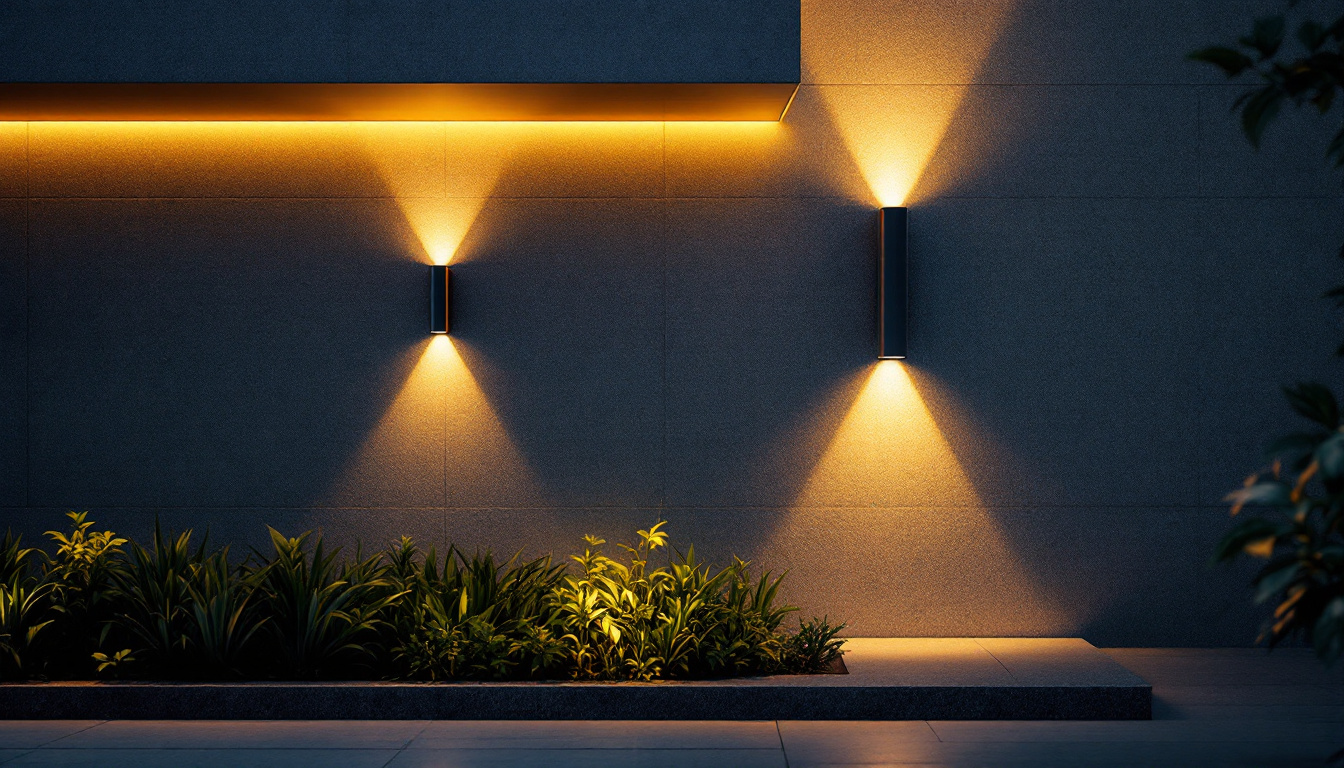 A photograph of a beautifully illuminated exterior wall featuring energy-efficient mounted lights