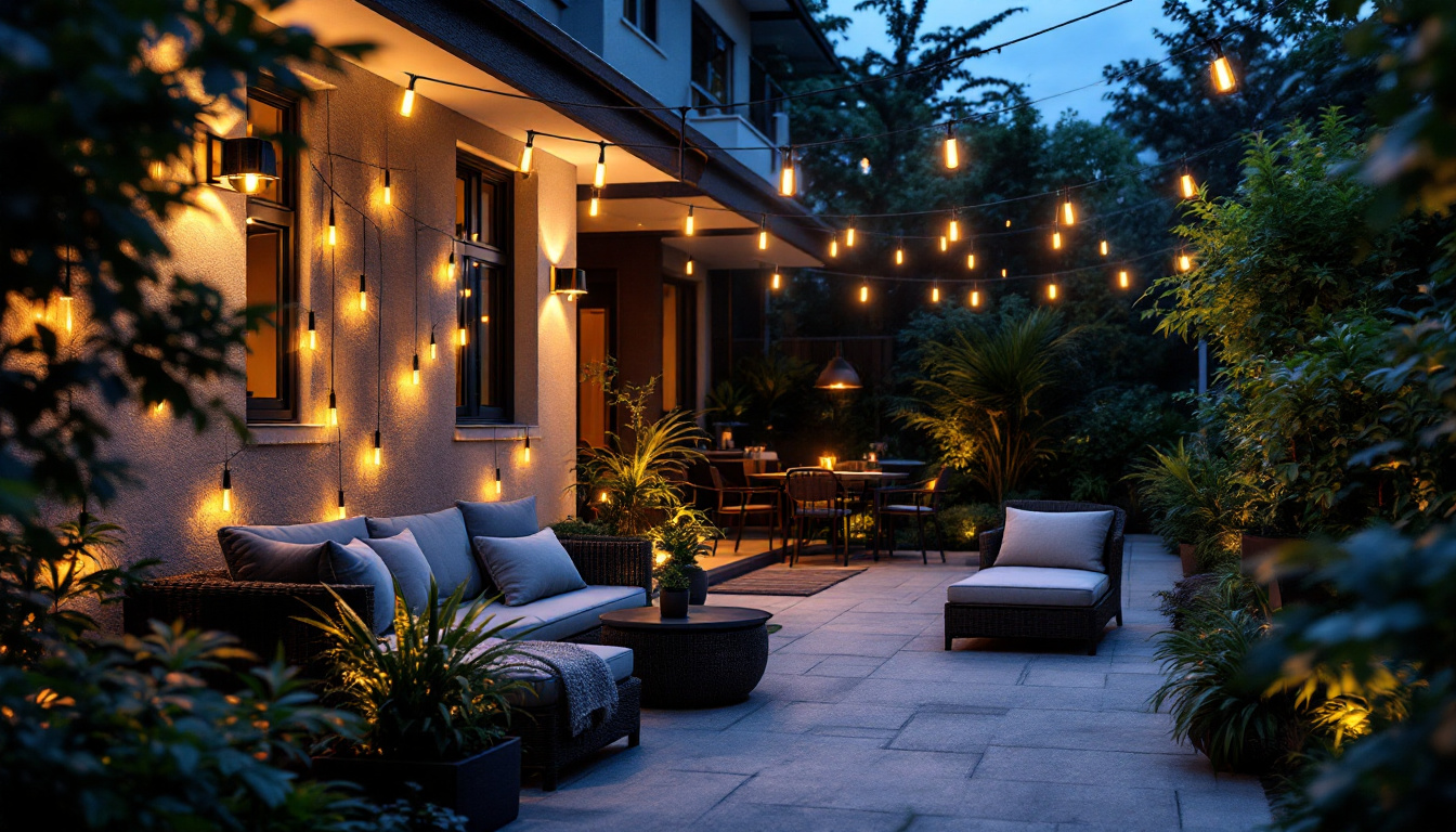 A photograph of a beautifully lit outdoor space featuring solar panel-powered lights
