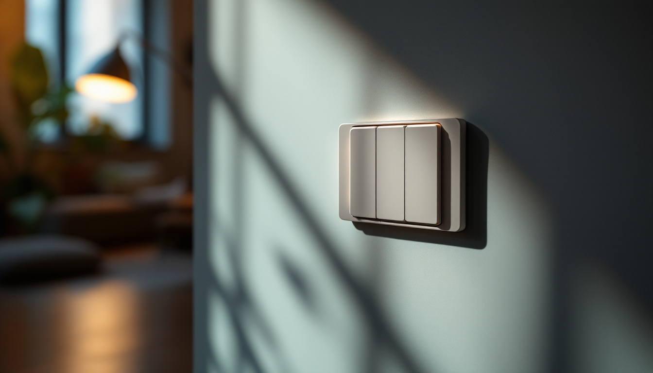 A photograph of a beautifully designed three-way light switch installation in a stylishly lit room