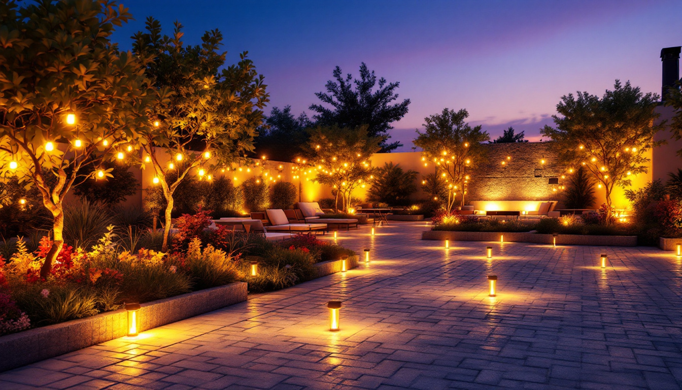 A photograph of a beautifully illuminated outdoor space featuring solar bulbs creatively integrated into various elements like garden paths