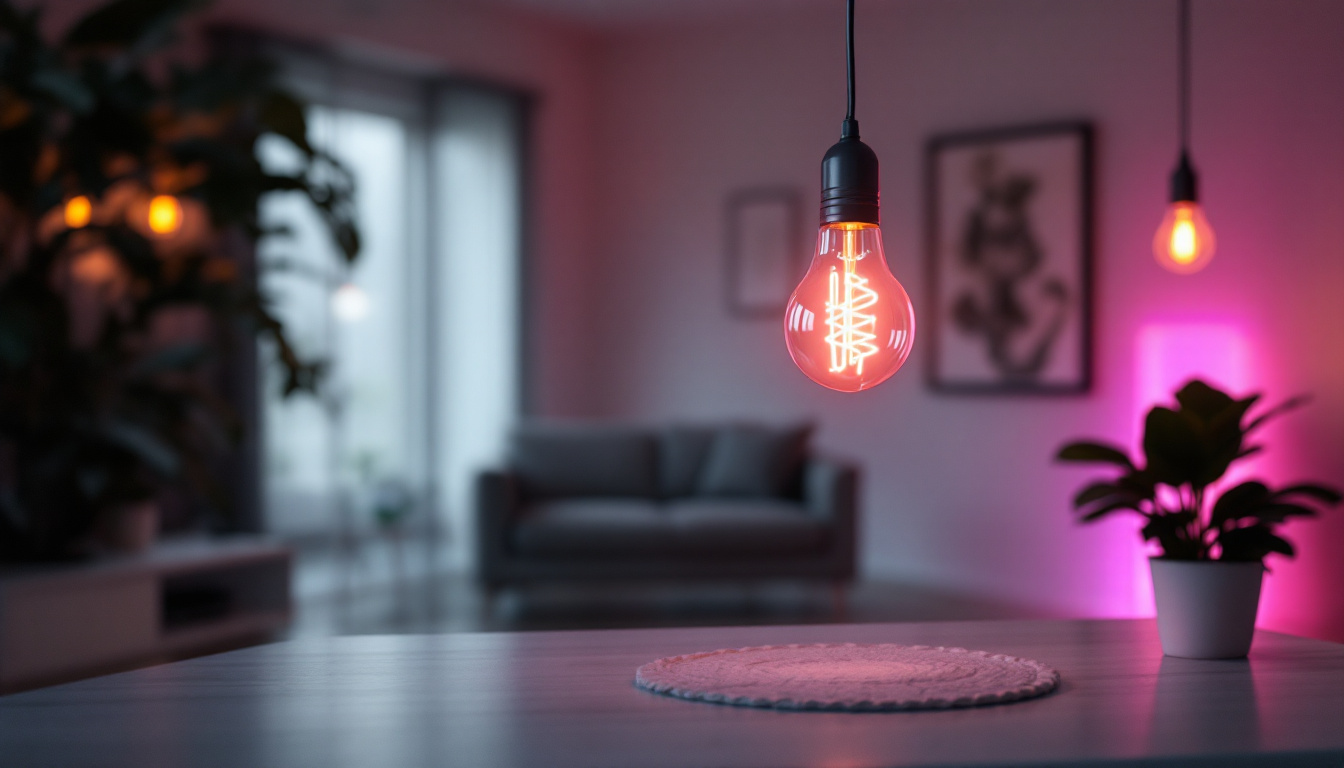 A photograph of a stylishly designed interior space featuring a creatively integrated fluorescent light bulb lamp dangle