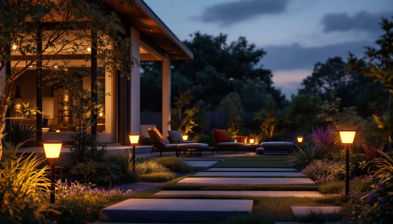 A photograph of a beautifully designed outdoor space illuminated by strategically placed led solar lights