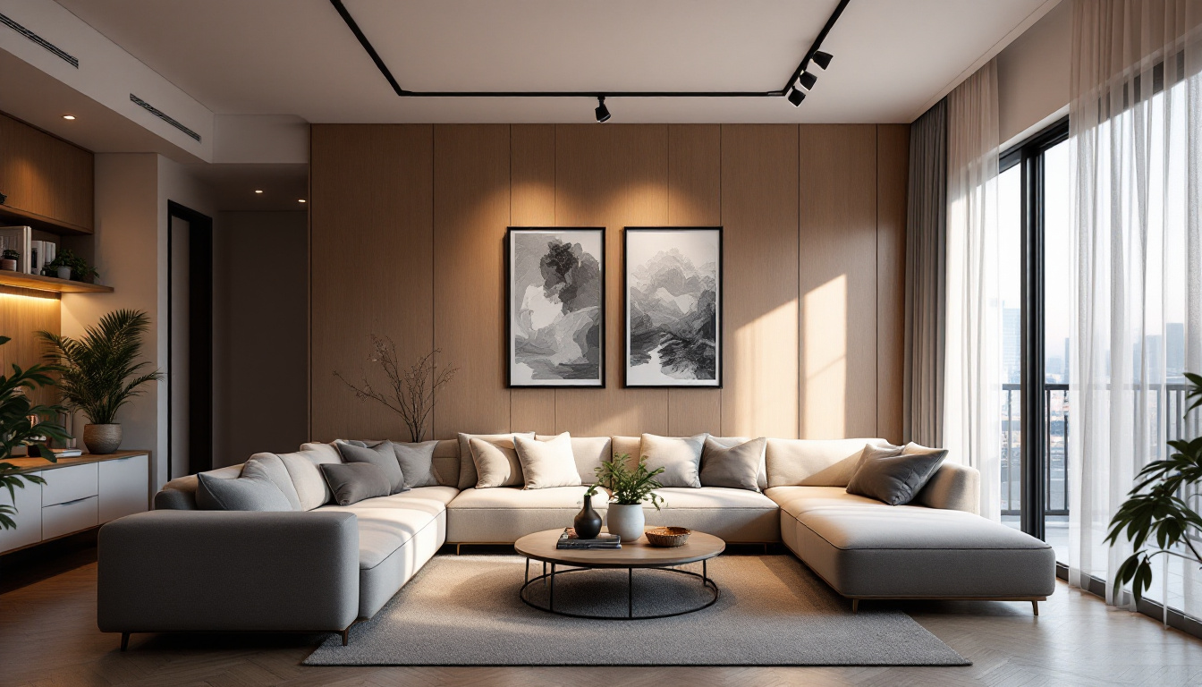 A photograph of a stylishly designed apartment living space featuring modern track lighting that highlights key areas