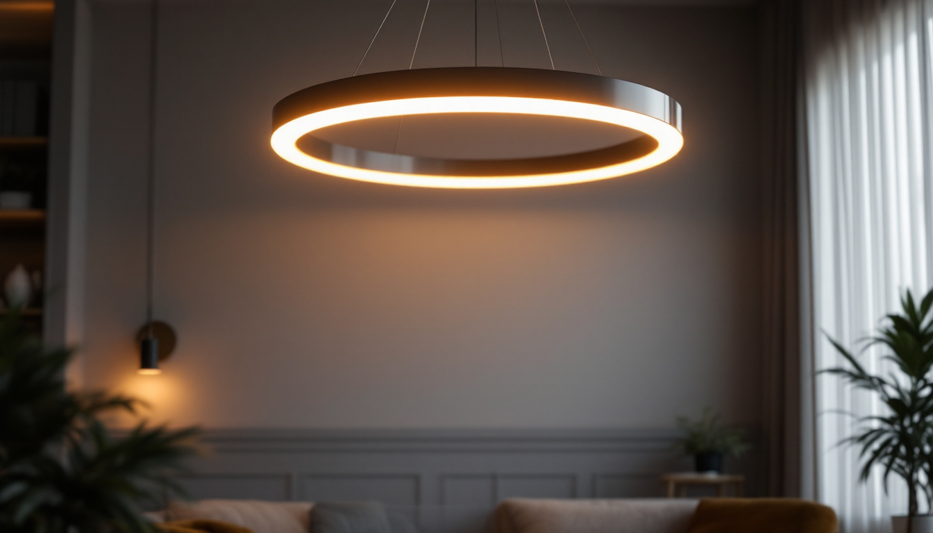 A photograph of a beautifully designed circular led light fixture illuminating a stylish