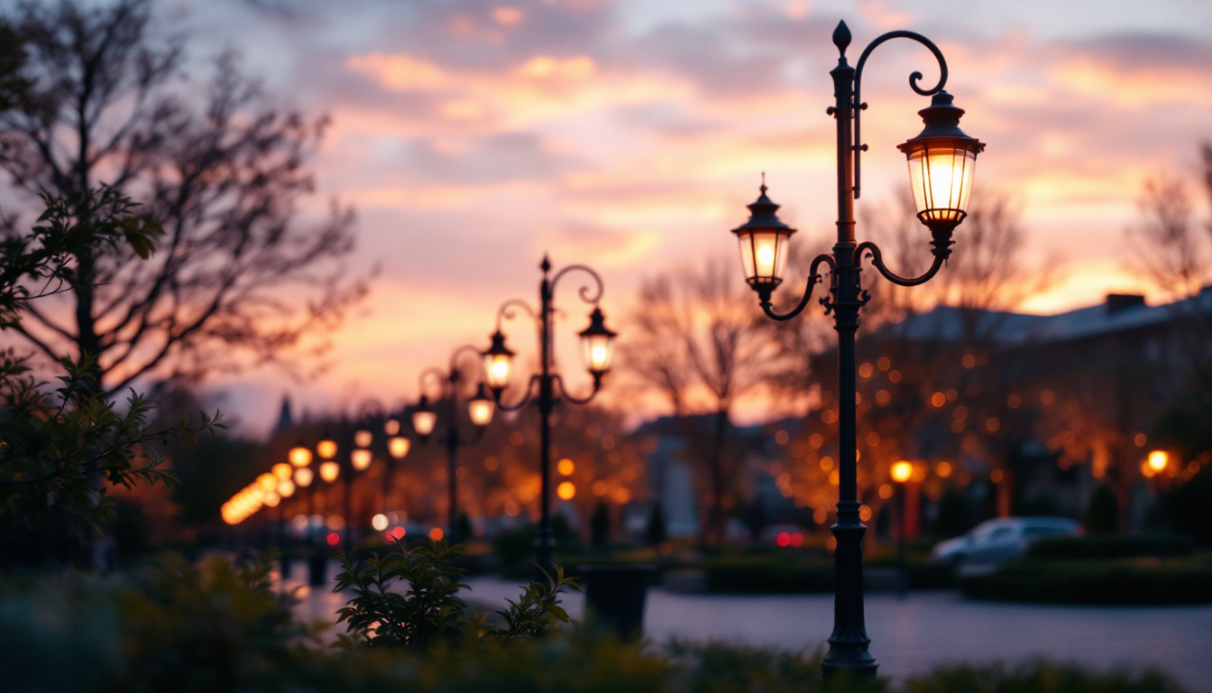 A photograph of a beautifully illuminated outdoor scene featuring a row of stylish lamp posts
