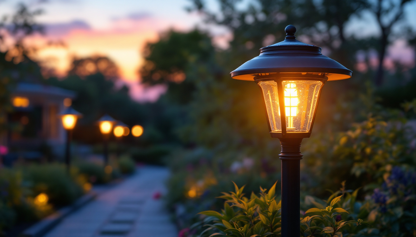 A photograph of a beautifully illuminated solar lamp post in a vibrant outdoor setting