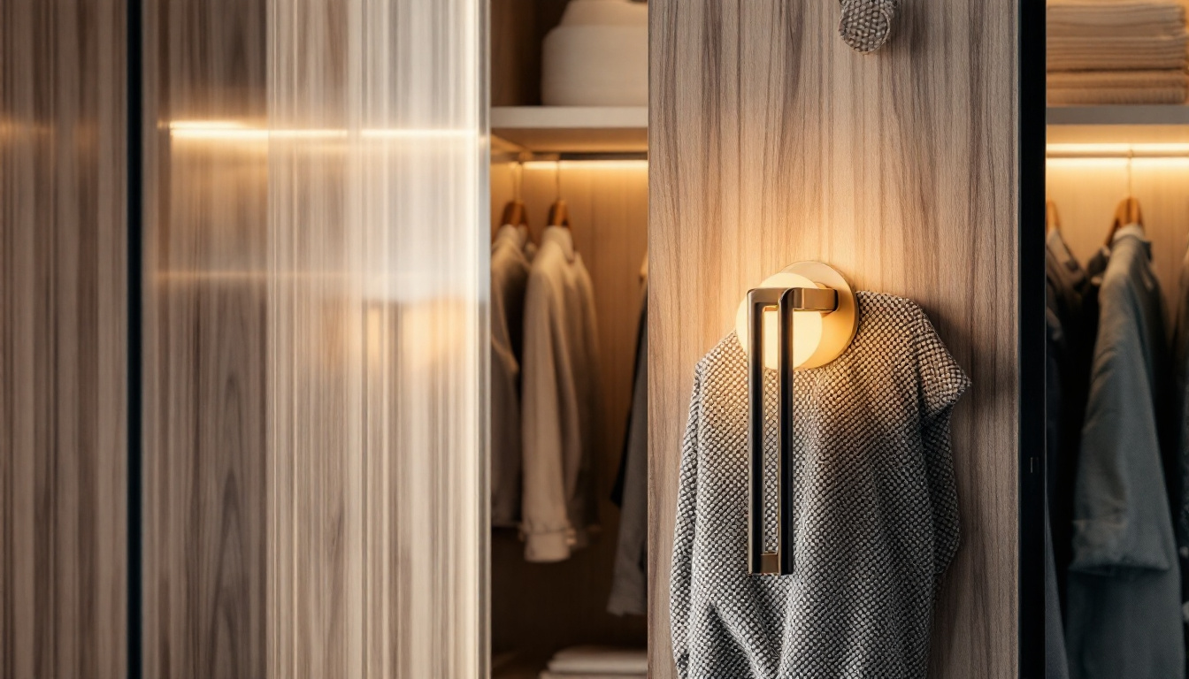 A photograph of a stylishly designed closet with an elegant light pull chain prominently featured