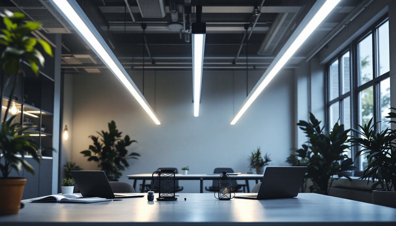 A photograph of a well-lit modern workspace featuring eight-foot fluorescent tubes prominently illuminating the area
