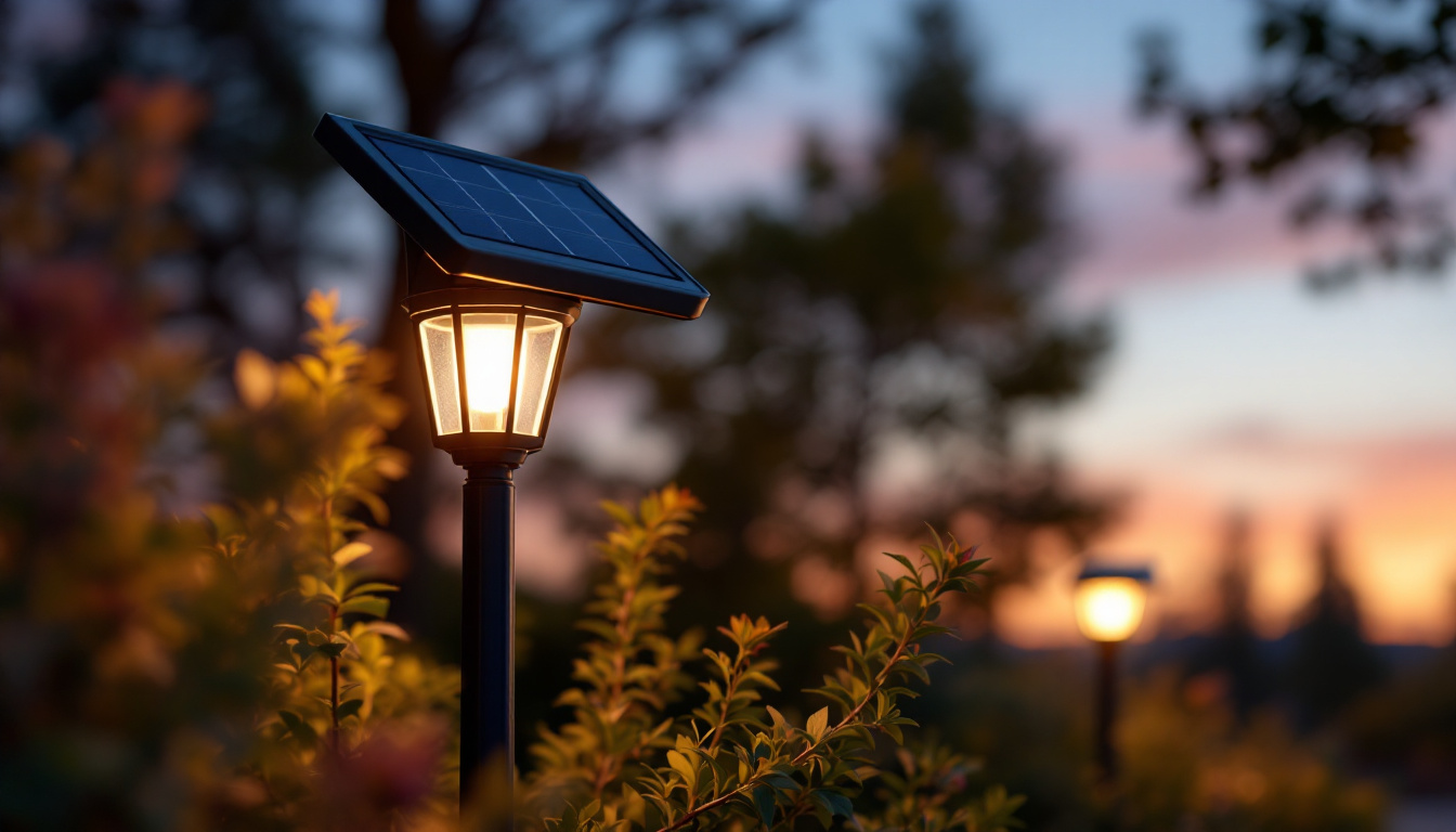 A photograph of a beautifully illuminated solar exterior post light in a serene outdoor setting during twilight