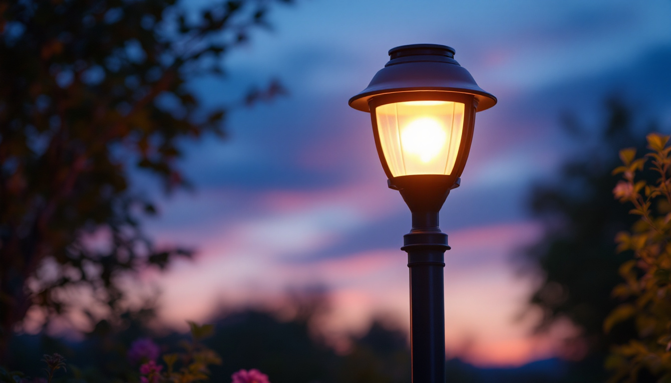 A photograph of a beautifully illuminated solar light post lamp in a garden or outdoor setting during twilight