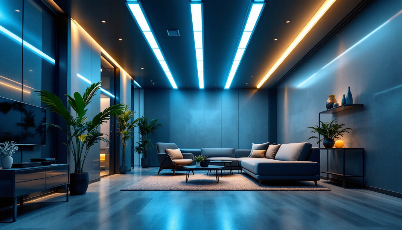 A photograph of a modern interior space illuminated by t8 led tube lights