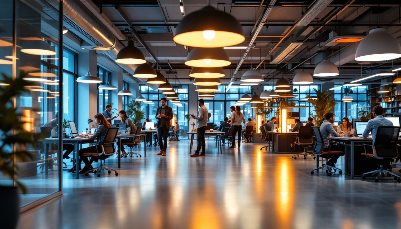 A photograph of a modern office space featuring various styles of led lighting