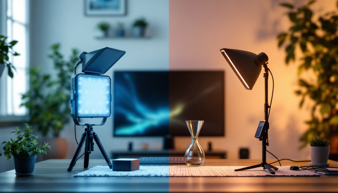 A photograph of a side-by-side comparison of a 24w adapted led light and a 12w led light in a practical setting