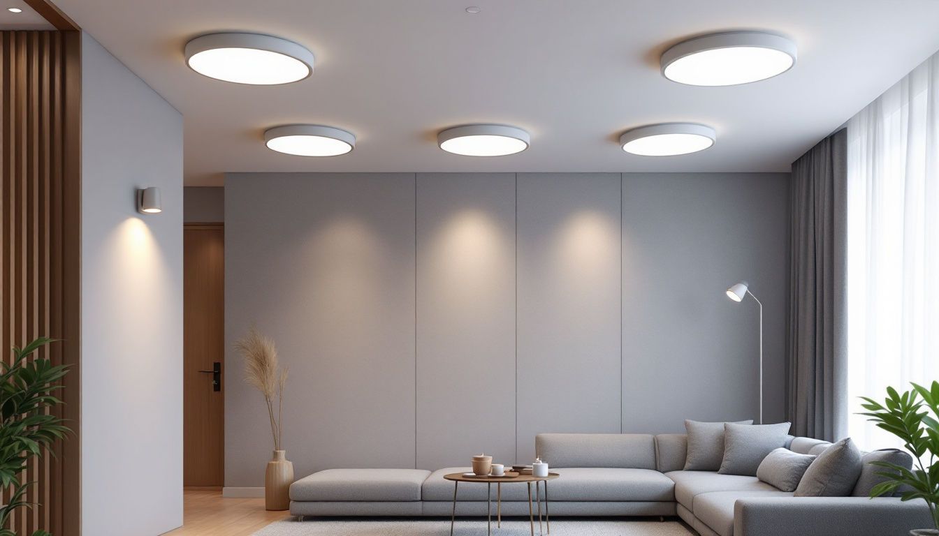 A photograph of a stylish interior space featuring various flush mount led fixtures that highlight their sleek design and energy efficiency