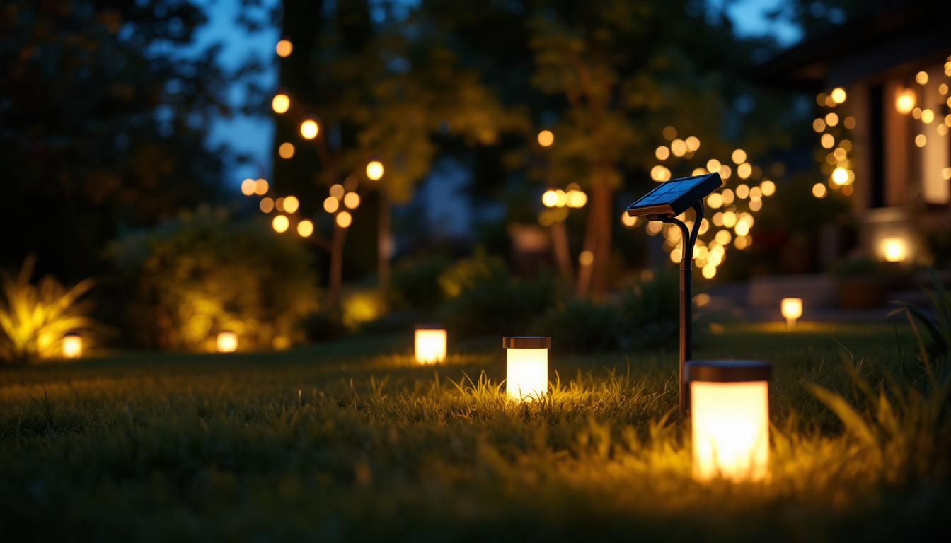 A photograph of a beautifully lit garden or patio scene at dusk