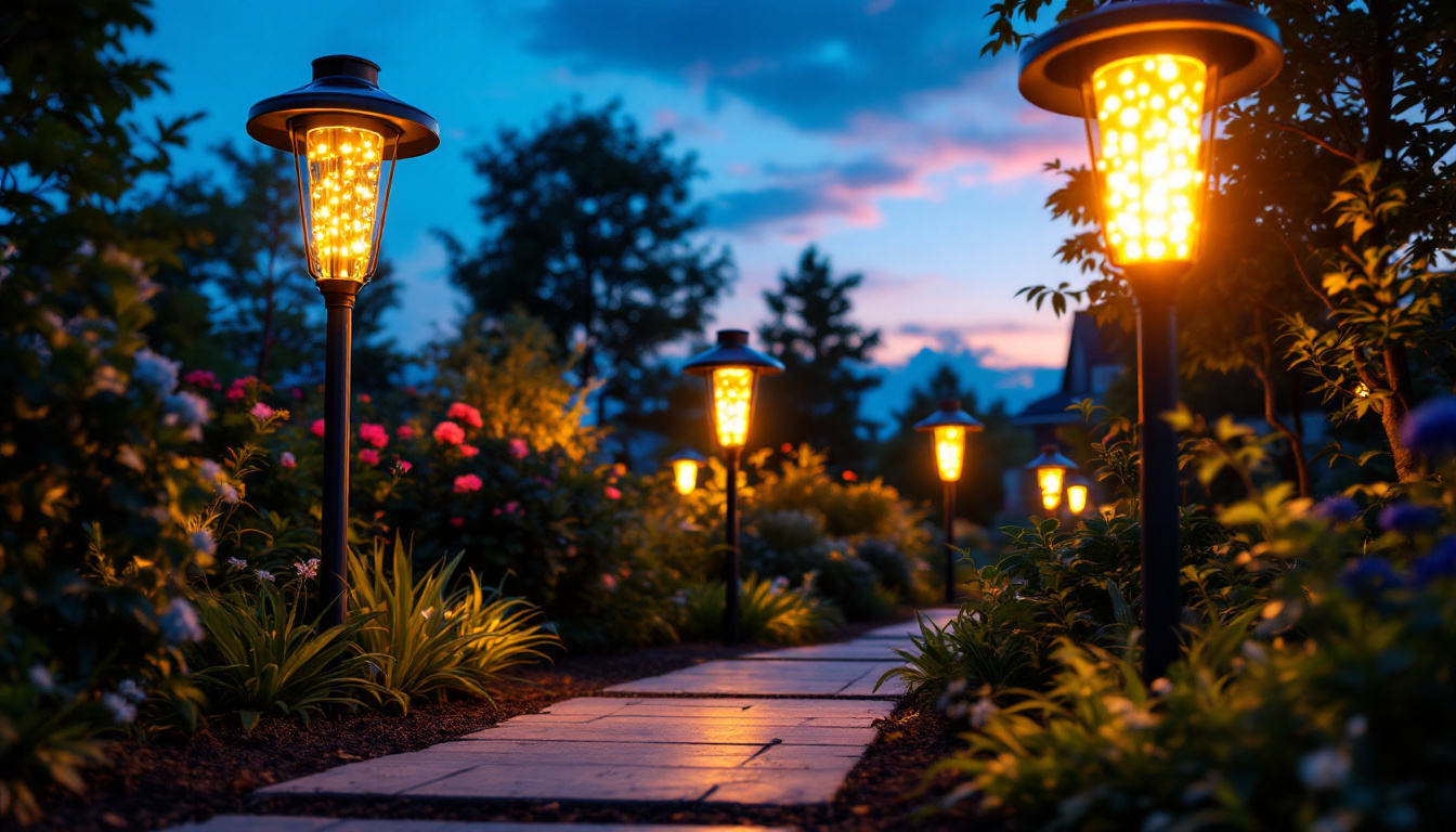 A photograph of a vibrant outdoor scene showcasing a variety of modern solar light posts illuminating a garden or pathway at dusk
