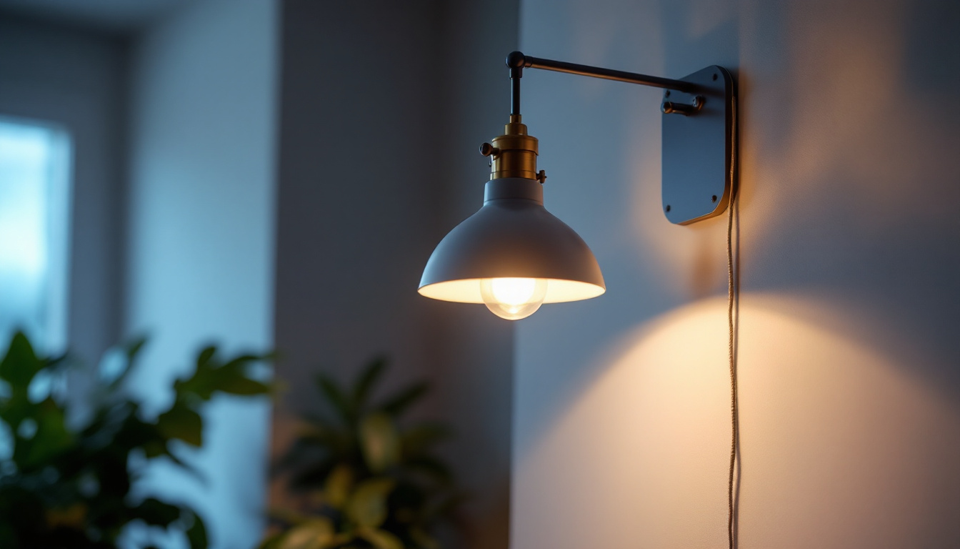 A photograph of a well-lit room featuring a stylish light fixture mounted on a sturdy bracket