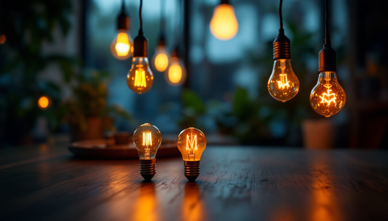 A photograph of a warmly lit room showcasing various types of light bulbs in use
