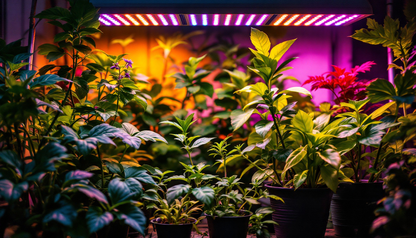 A photograph of a vibrant indoor garden scene showcasing various plants under different types of grow lights