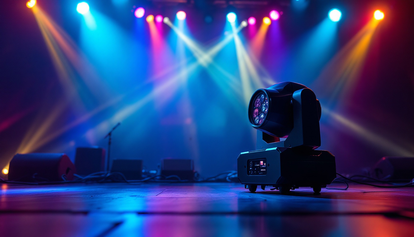 A photograph of a vibrant and dynamic stage setup featuring modern par lighting fixtures in action