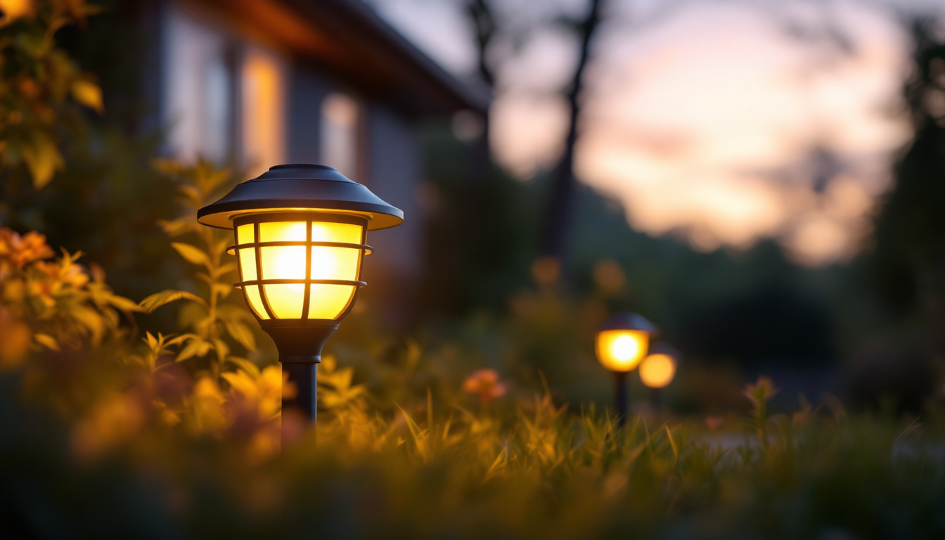 A photograph of a beautifully illuminated solar outdoor light in a serene garden setting at dusk
