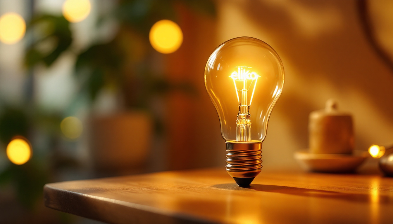A photograph of a glowing eiko light bulb in a warm