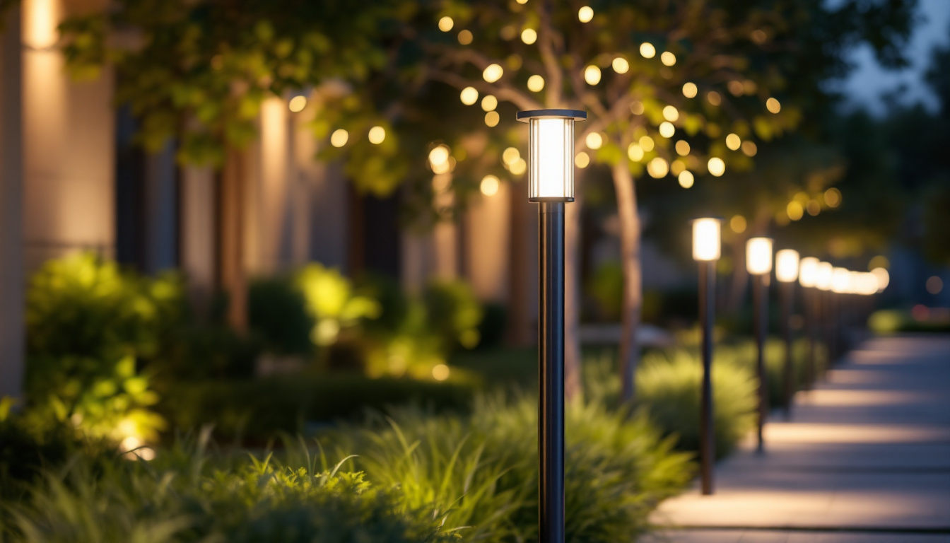 A photograph of a modern outdoor setting illuminated by sleek