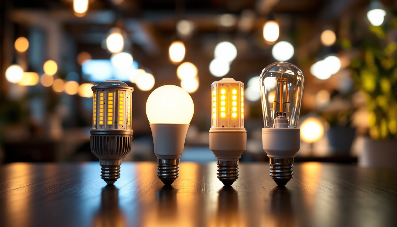 A photograph of a well-lit indoor or outdoor setting showcasing various types of led corn light bulbs in use