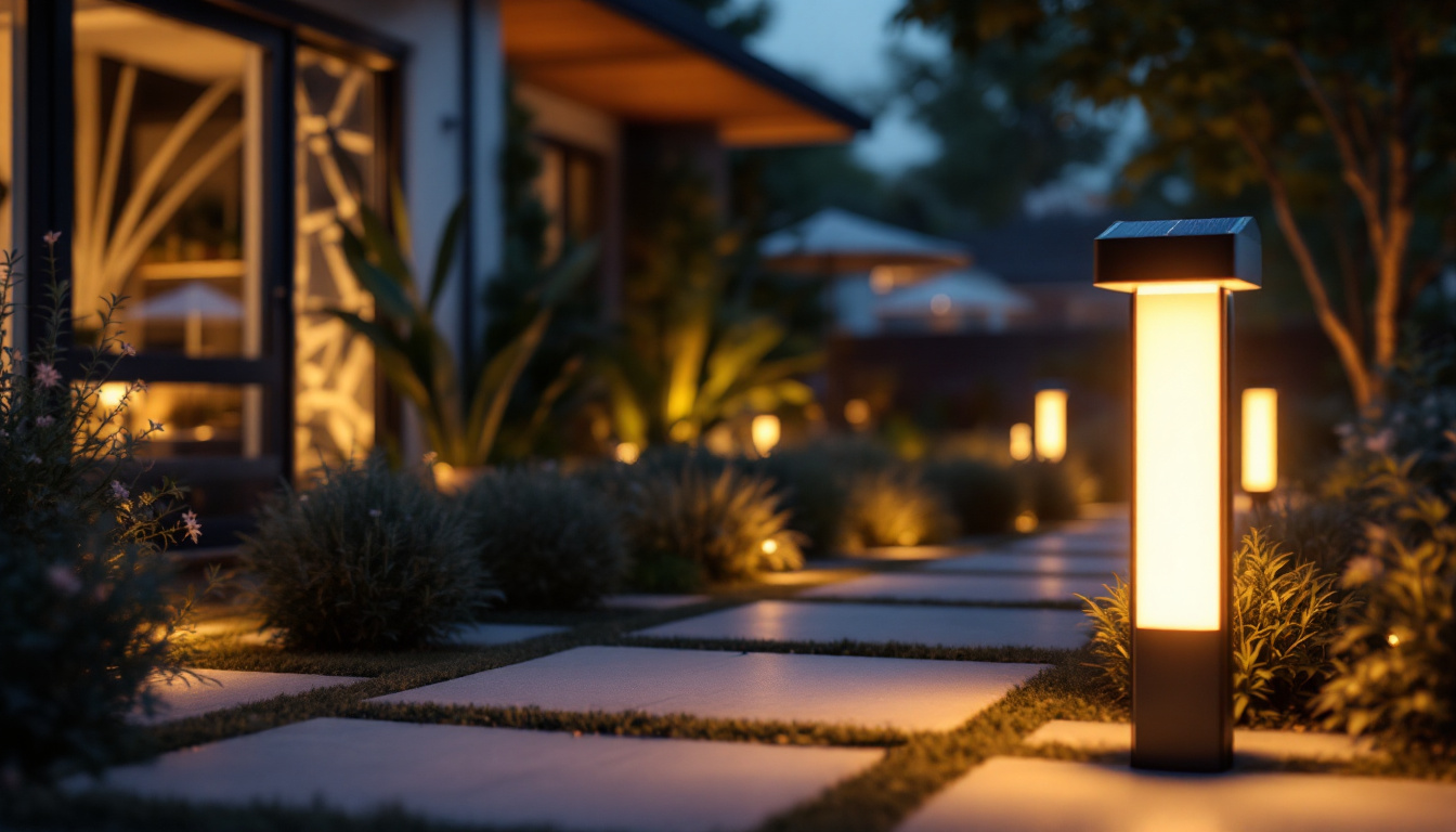 A photograph of a modern outdoor space featuring stylish solar-powered lights illuminating a pathway or garden