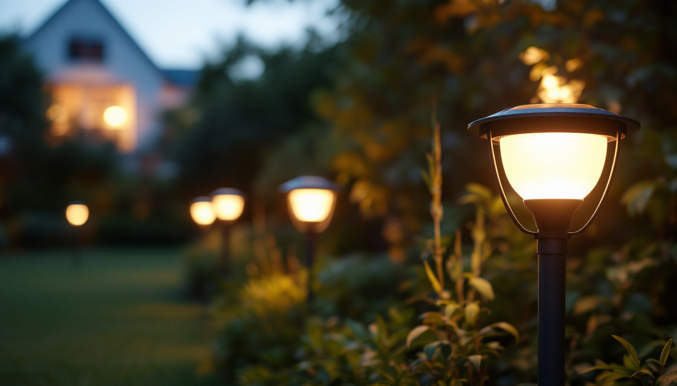 A photograph of a beautifully illuminated outdoor space featuring solar landscape lights at dusk