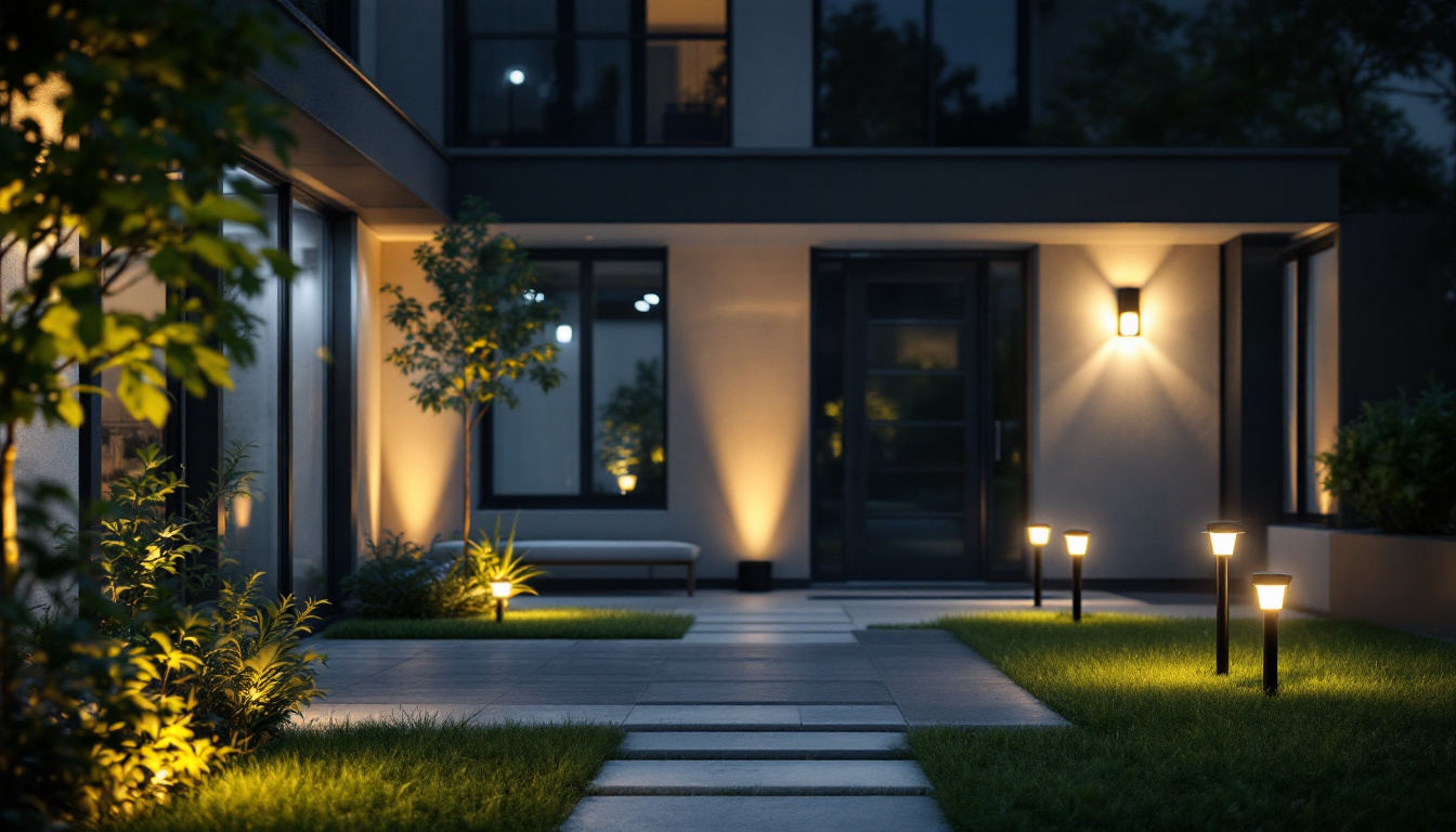 A photograph of a modern outdoor space illuminated by various styles of led flood light bulbs