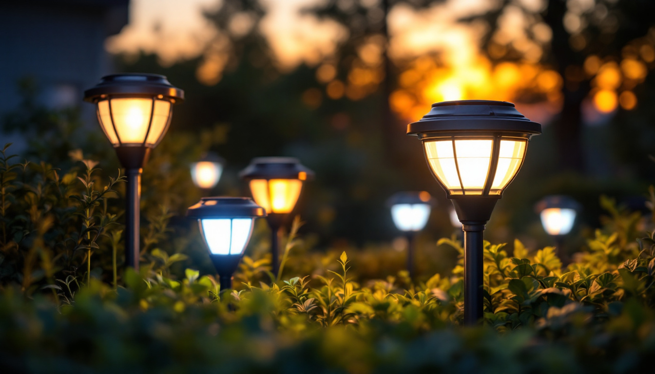 A photograph of a well-lit outdoor scene showcasing a variety of solar led lights in use
