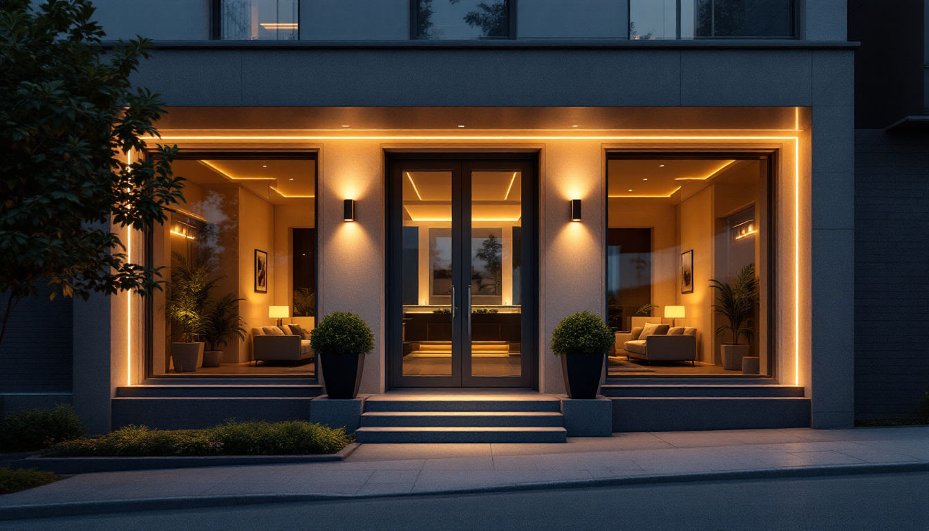 A photograph of a stylish and modern exterior entrance illuminated by innovative lighting technology