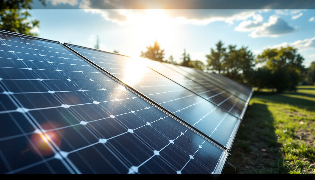 A photograph of a solar panel installation under bright sunlight