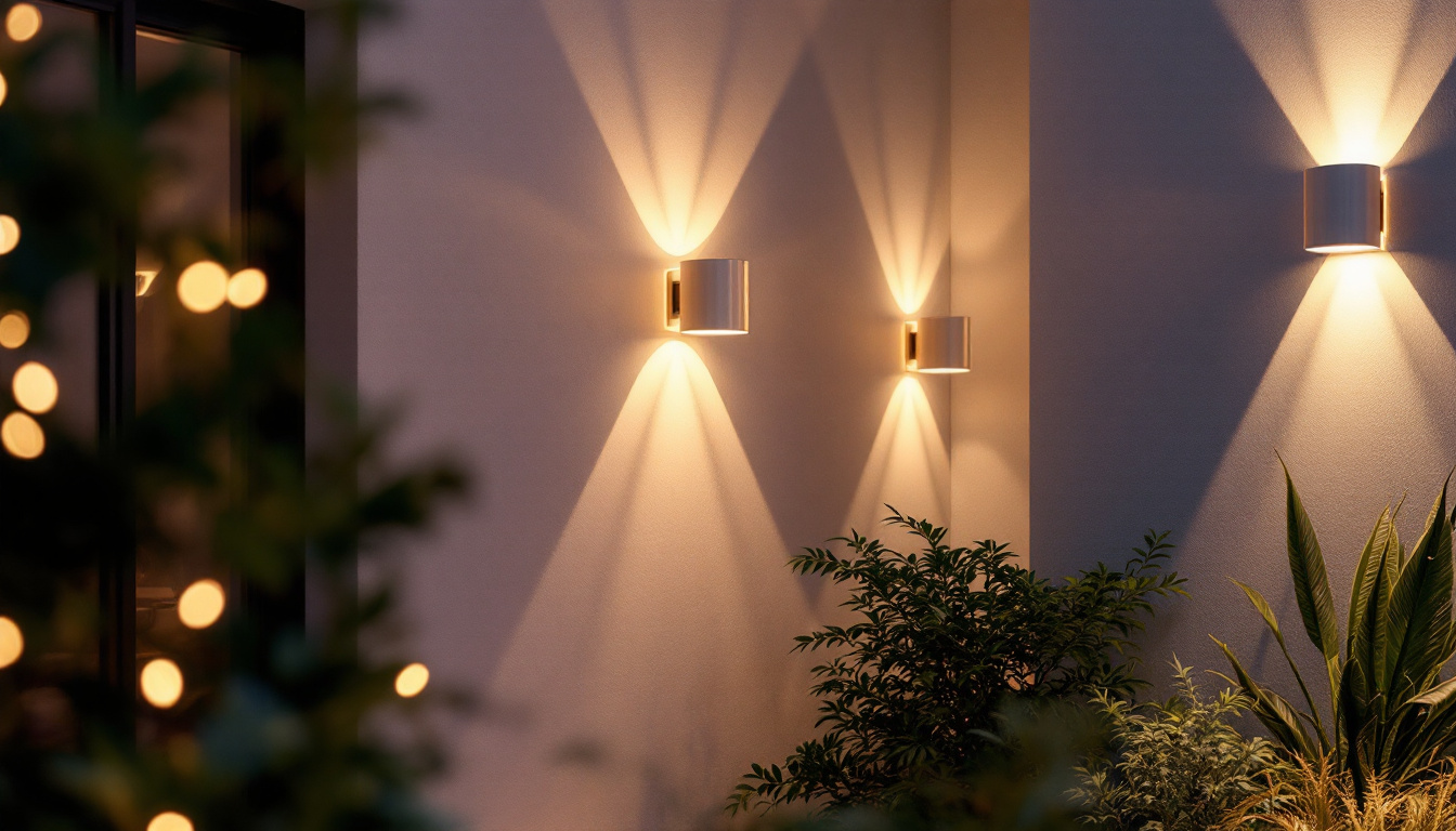 A photograph of a beautifully illuminated outdoor space featuring stylish wall-mounted lighting fixtures