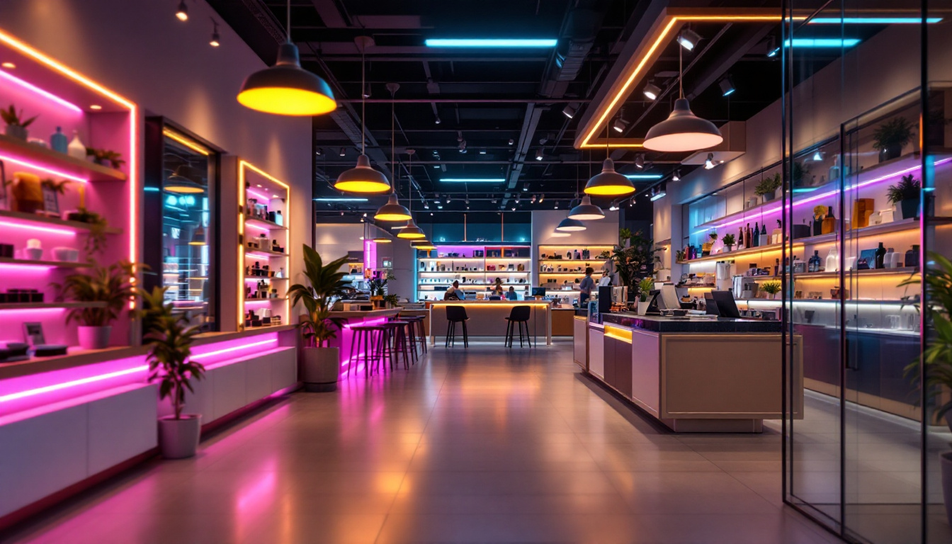 A photograph of a well-lit commercial space showcasing vibrant led lighting that highlights the aesthetic appeal of the environment while emphasizing energy efficiency