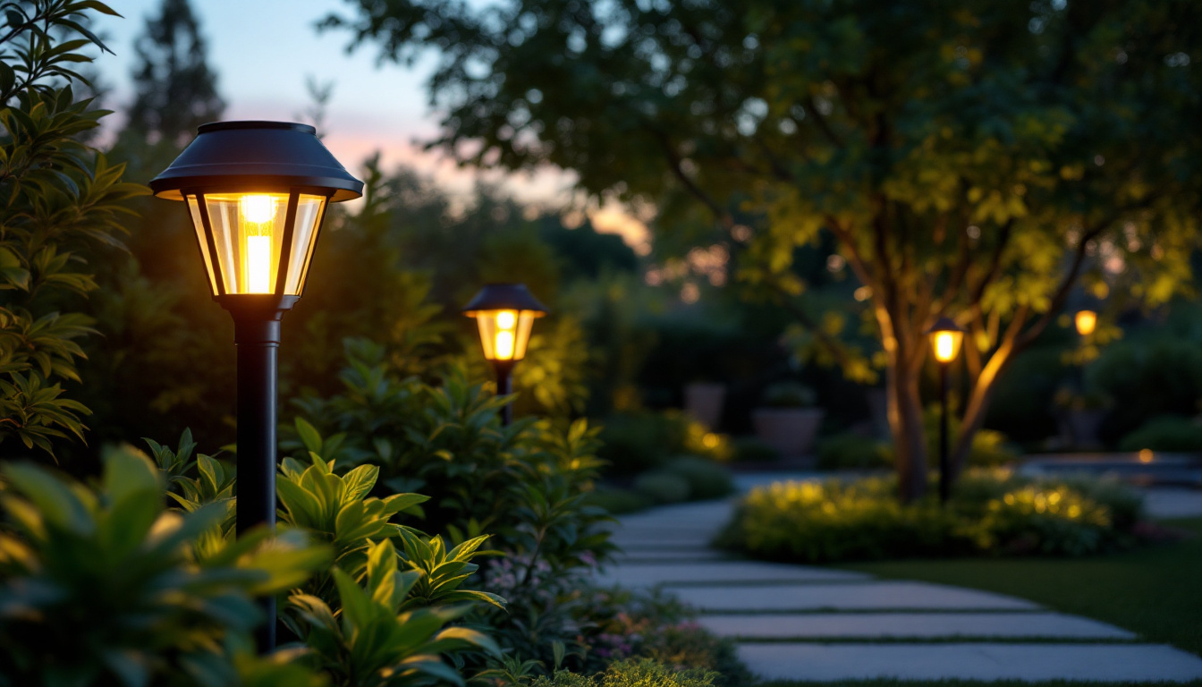A photograph of a beautifully illuminated outdoor space featuring stylish solar post lights