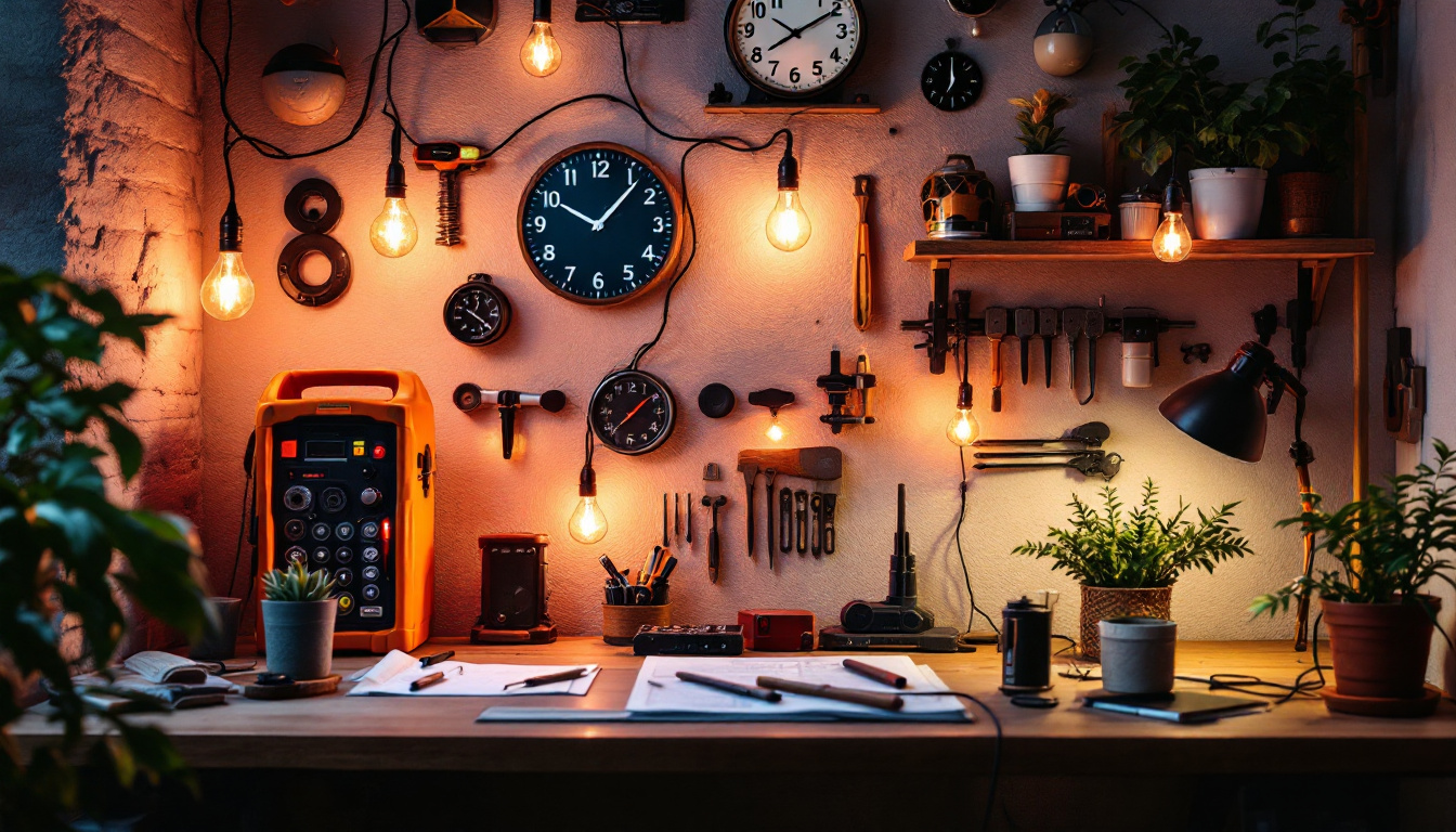 A photograph of a well-lit workspace showcasing string work lights in action
