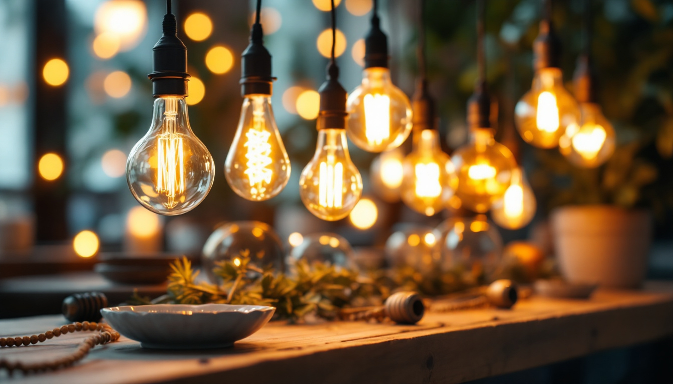 A photograph of a beautifully arranged display of decorative light bulbs in various shapes and styles