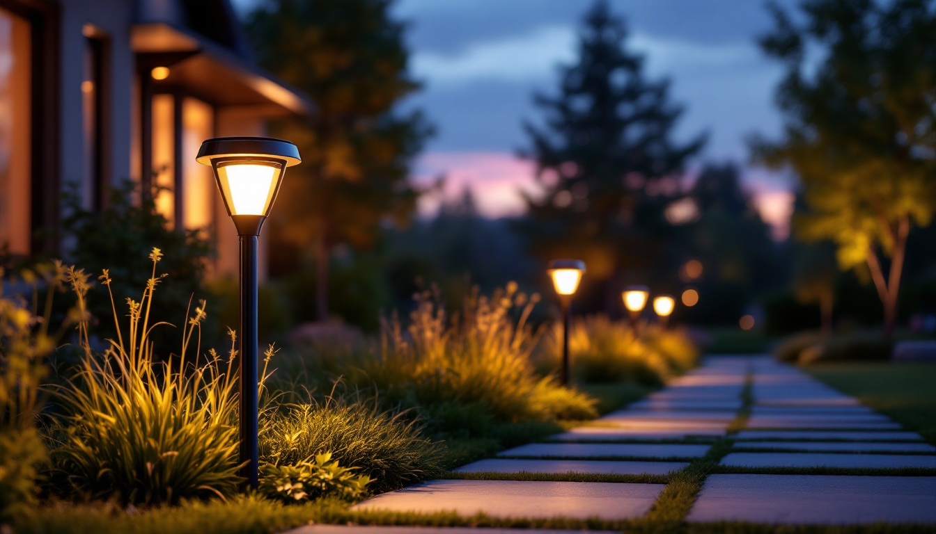 A photograph of a beautifully illuminated outdoor space featuring modern solar path lights