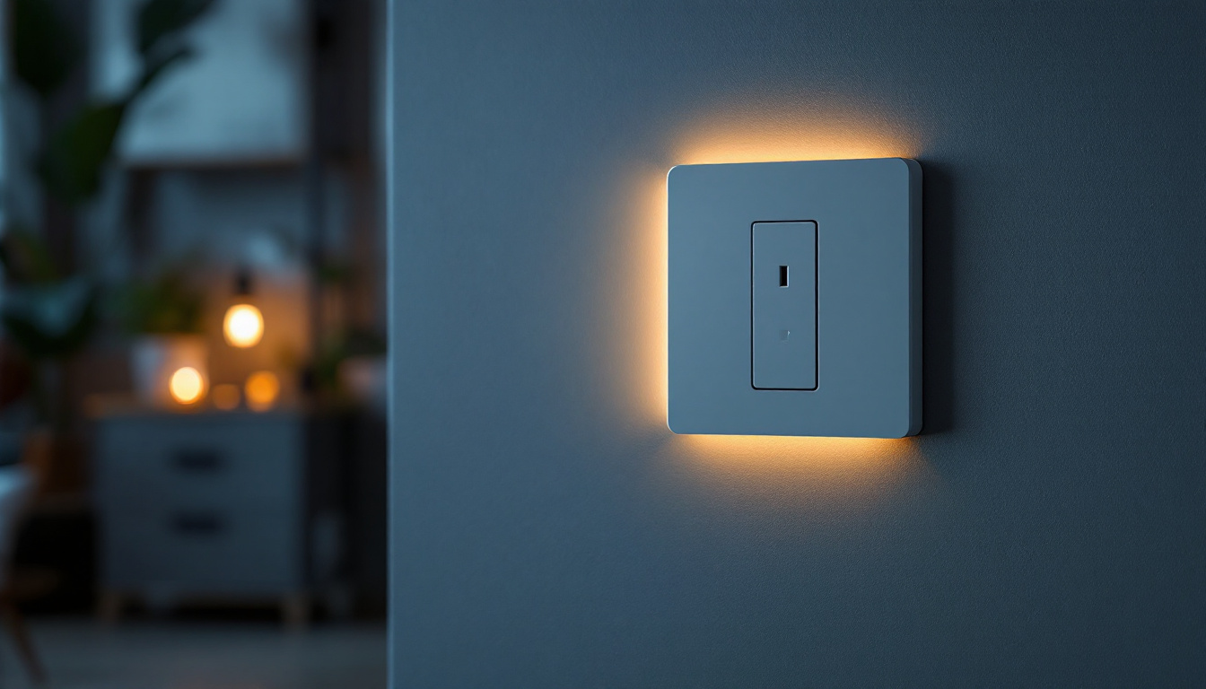 A photograph of a modern outlet light switch in a stylish home setting
