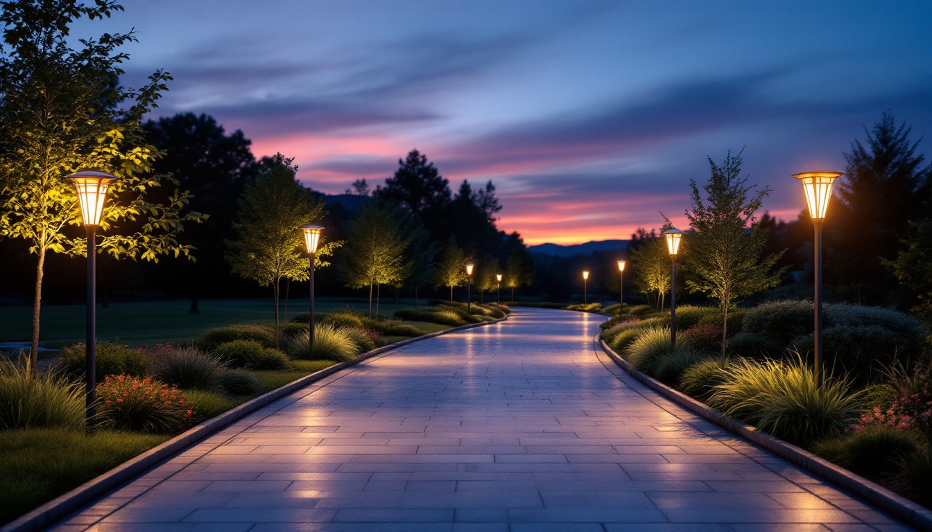 A photograph of a beautifully illuminated driveway at dusk