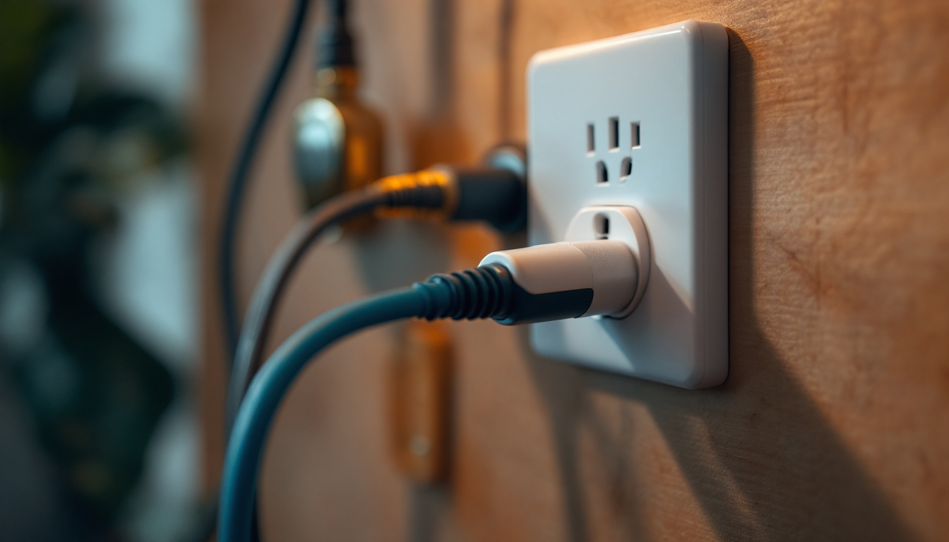 A photograph of a close-up shot of a 120v outlet being used in a home setting