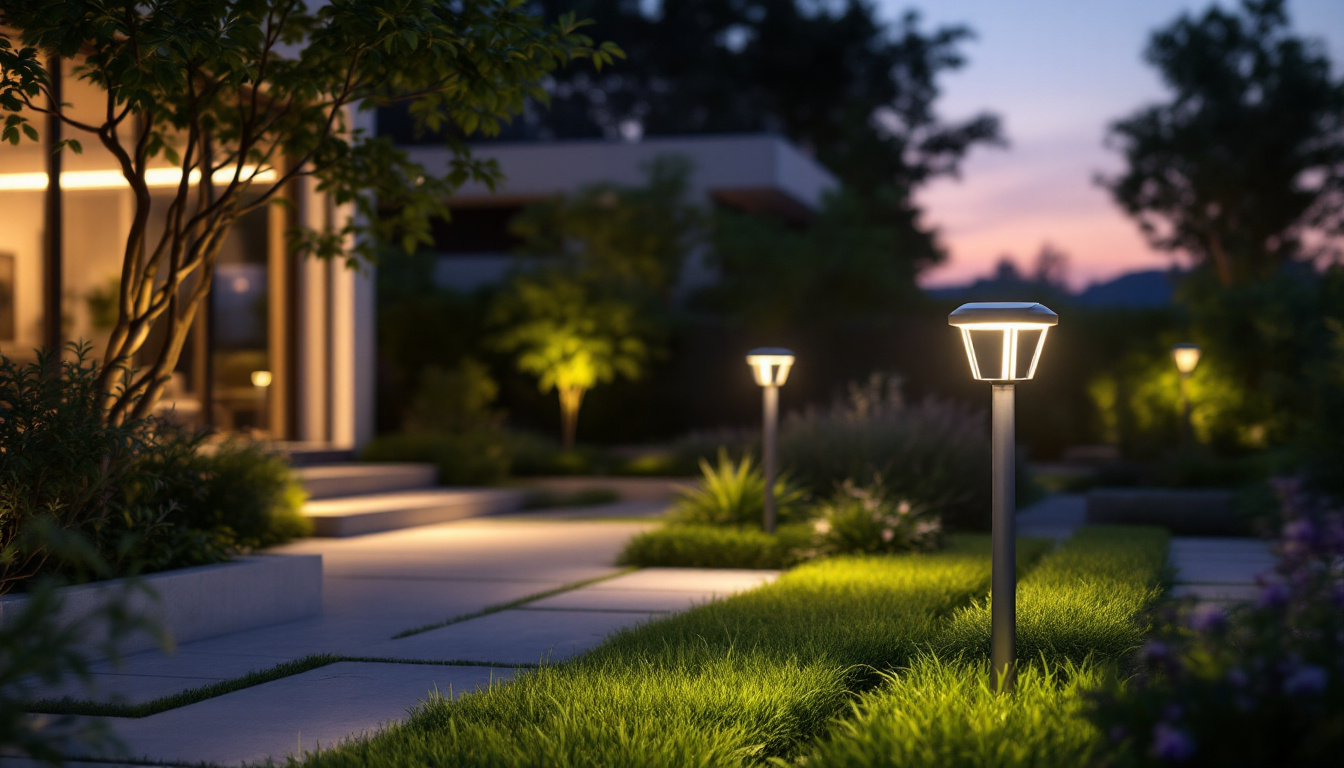 A photograph of capture a photograph of a beautifully illuminated outdoor space featuring sleek solar-powered post lights