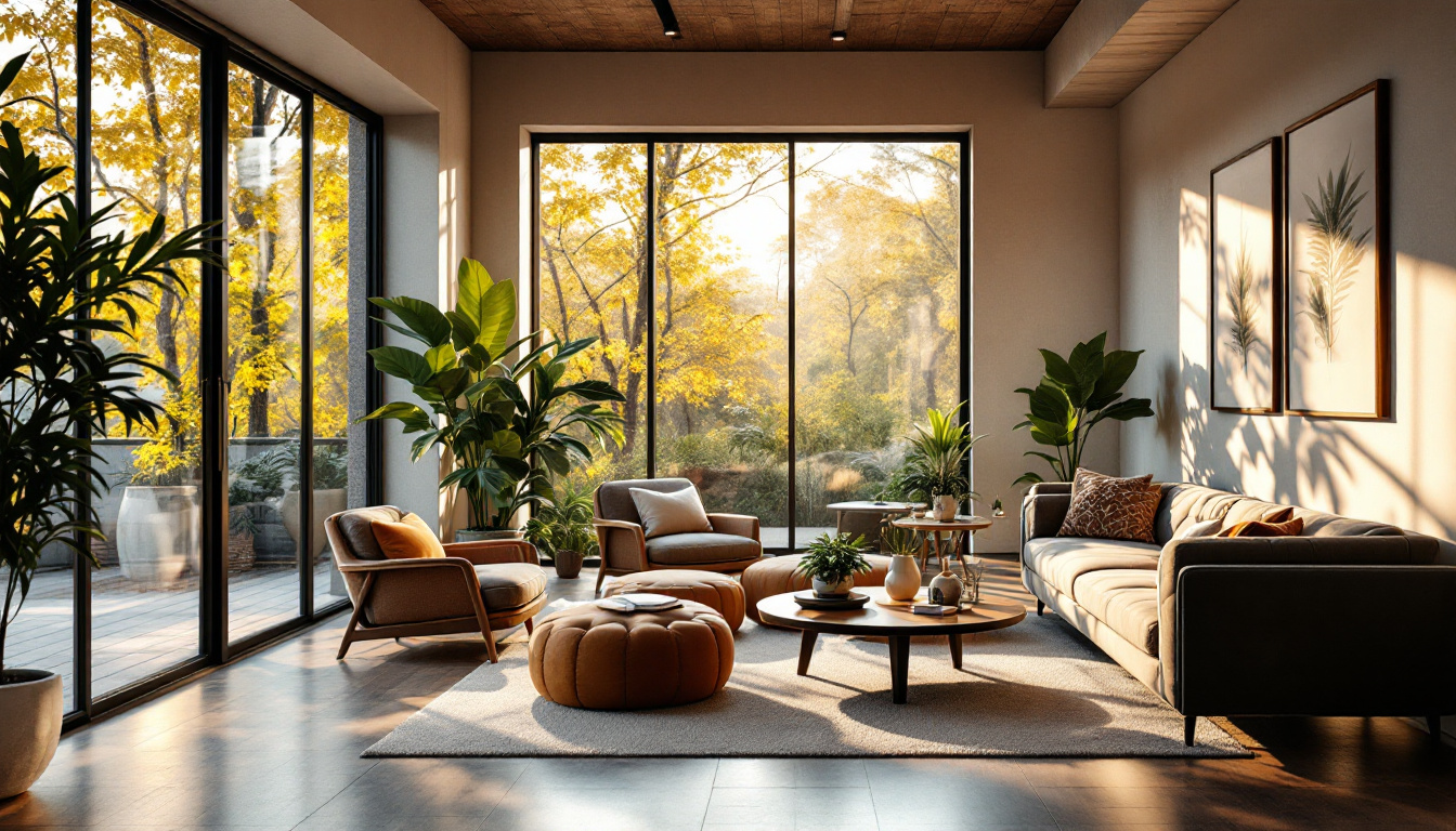 A photograph of a beautifully designed interior space that showcases the harmonious integration of natural sunlight through large windows