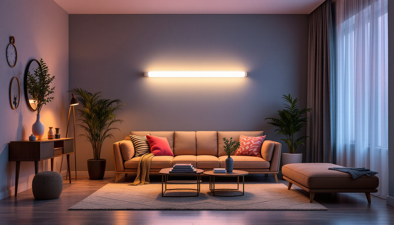 A photograph of a stylishly designed room featuring a t8 bulb fixture as a focal point
