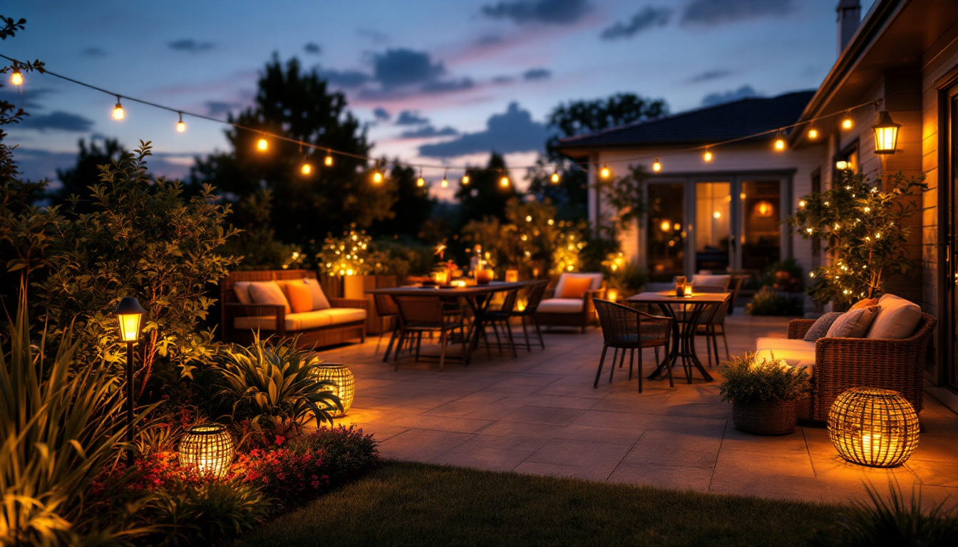 A photograph of a beautifully illuminated outdoor space featuring solar lights